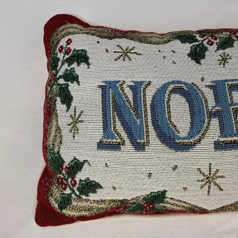 Vintage Christmas Noel Tapestry Throw Pillow Holly Berries Red 12x8